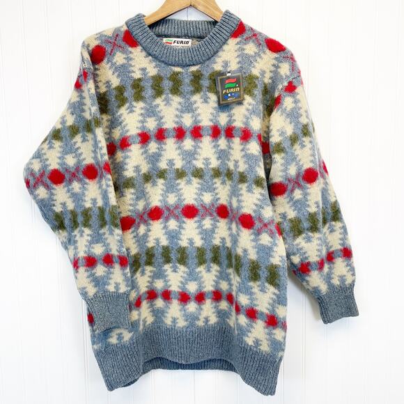 Furin Woolly Mens M Chunky Sweater‎ Crew Neck Multicolor Blue Red Cream Outdoor - Picture 1 of 10